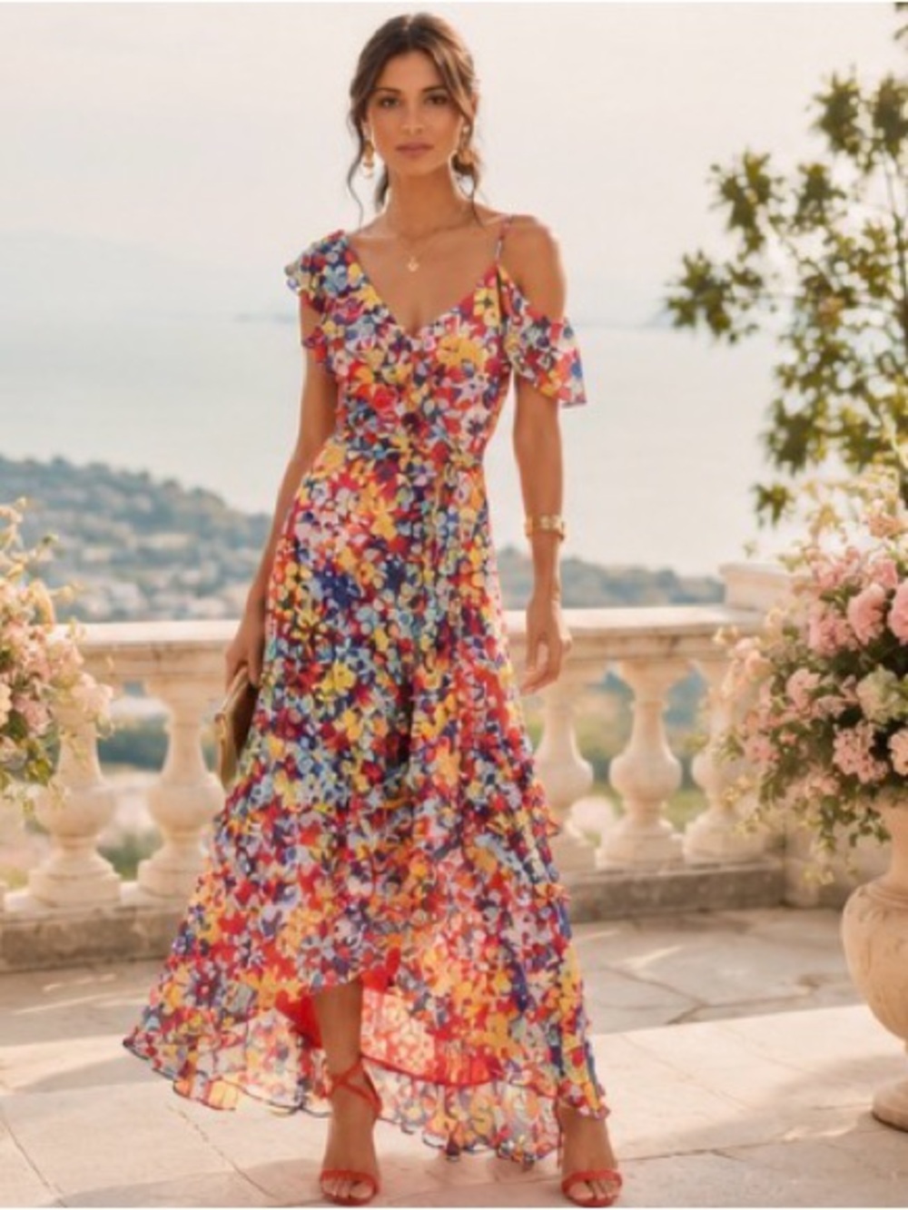 Lulus Radiant Ruby Red Floral Print Chiffon Ruffle Tiered Maxi Dress